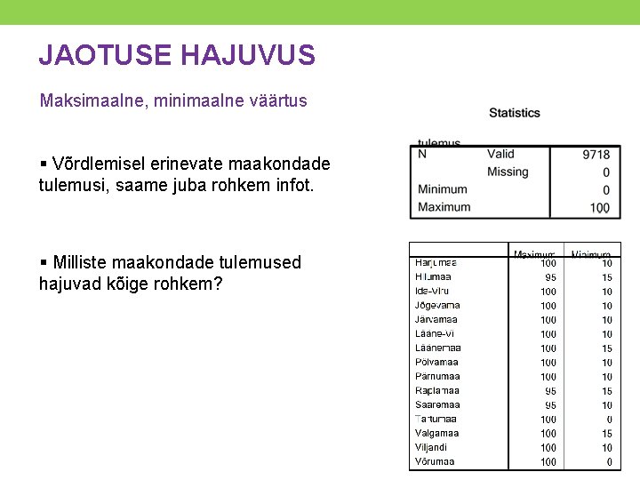 JAOTUSE HAJUVUS Maksimaalne, minimaalne väärtus § Võrdlemisel erinevate maakondade tulemusi, saame juba rohkem infot.