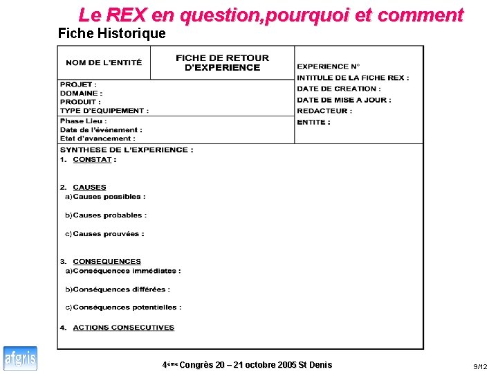 Le REX en question, pourquoi et comment Fiche Historique 4ème Congrès 20 – 21