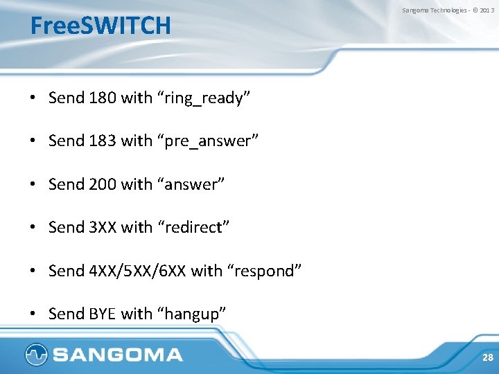 Free. SWITCH Sangoma Technologies - © 2013 • Send 180 with “ring_ready” • Send