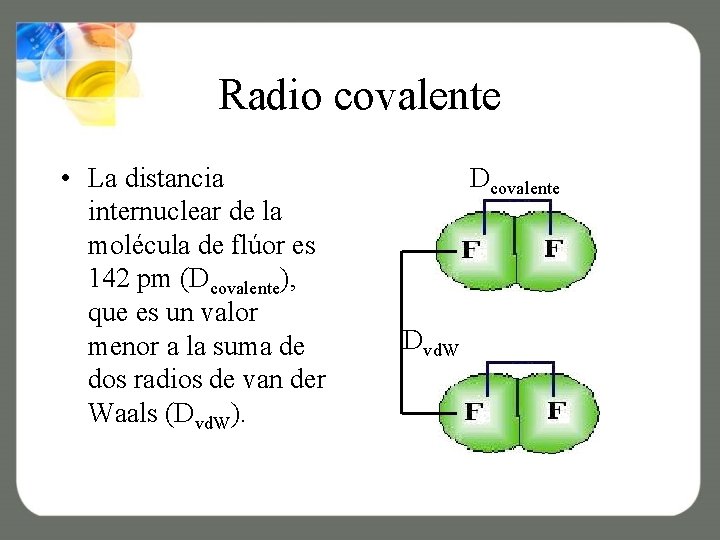 Radio covalente • La distancia internuclear de la molécula de flúor es 142 pm