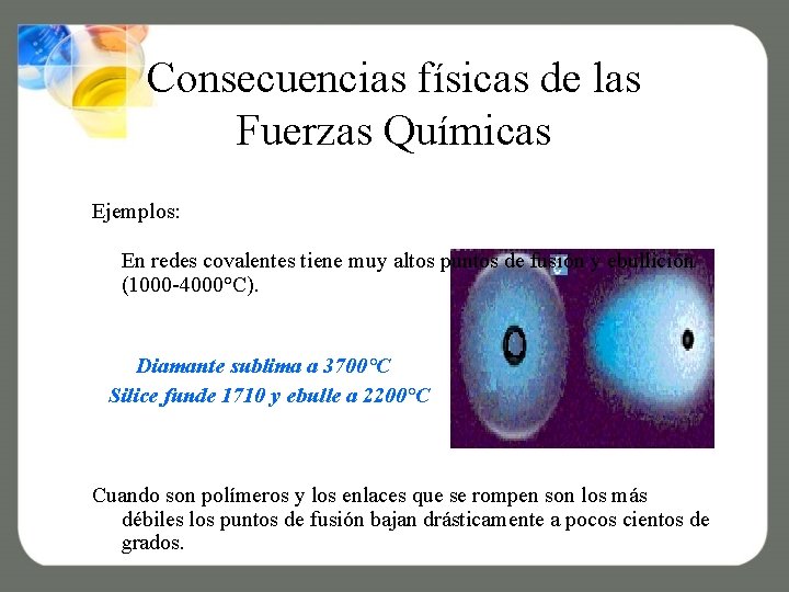 Consecuencias físicas de las Fuerzas Químicas Ejemplos: En redes covalentes tiene muy altos puntos