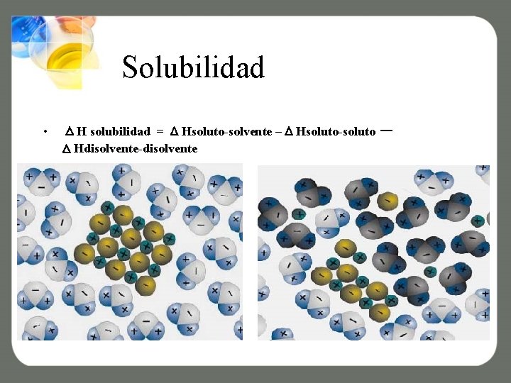 Solubilidad • H solubilidad = Hsoluto-solvente – Hsoluto-soluto Hdisolvente-disolvente – 