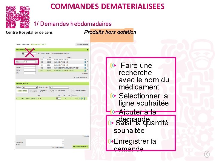  . COMMANDES DEMATERIALISEES 1/ Demandes hebdomadaires Produits hors dotation Faire une recherche avec