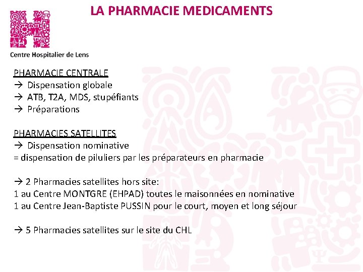 LA PHARMACIE MEDICAMENTS PHARMACIE CENTRALE Dispensation globale ATB, T 2 A, MDS, stupéfiants Préparations