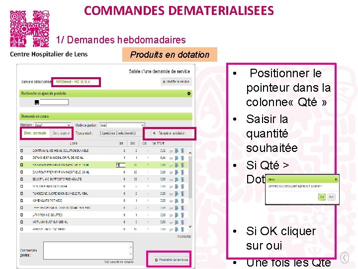  . COMMANDES DEMATERIALISEES 1/ Demandes hebdomadaires Produits en dotation • Positionner le pointeur