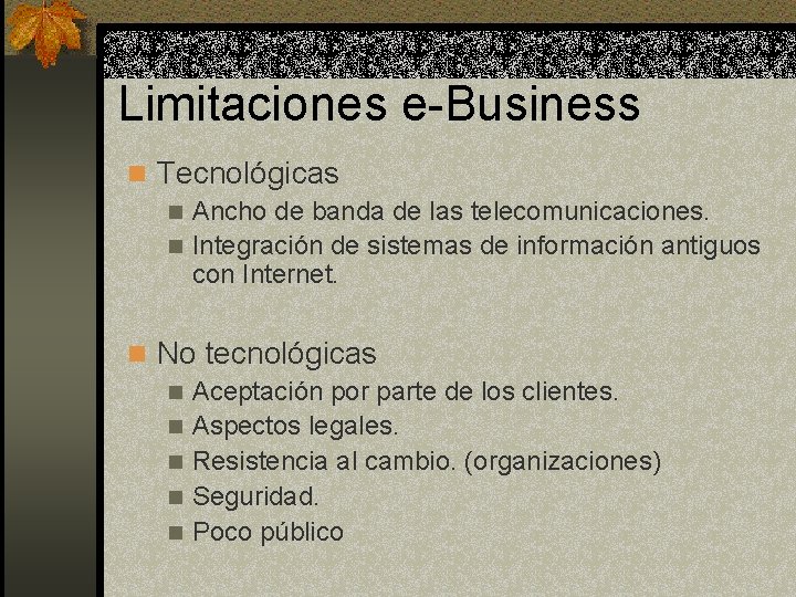 Limitaciones e-Business n Tecnológicas n Ancho de banda de las telecomunicaciones. n Integración de