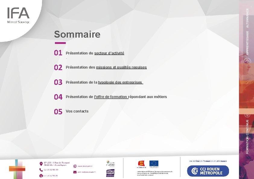 Sommaire 01 Présentation du secteur d’activité. 02 Présentation des missions et qualités requises 03