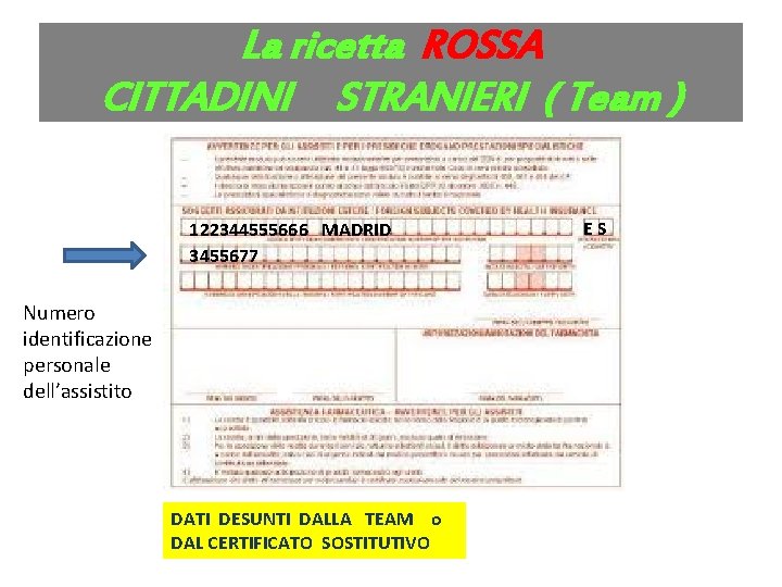 La ricetta ROSSA CITTADINI STRANIERI ( Team ) 122344555666 MADRID 3455677 E S Numero