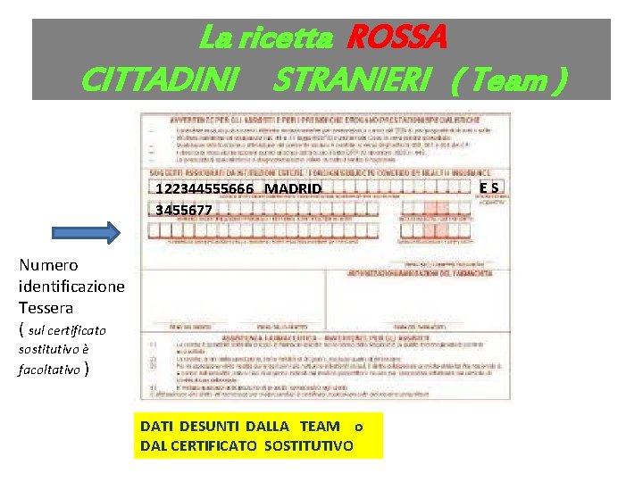 La ricetta ROSSA CITTADINI STRANIERI ( Team ) 122344555666 MADRID 3455677 E S Numero