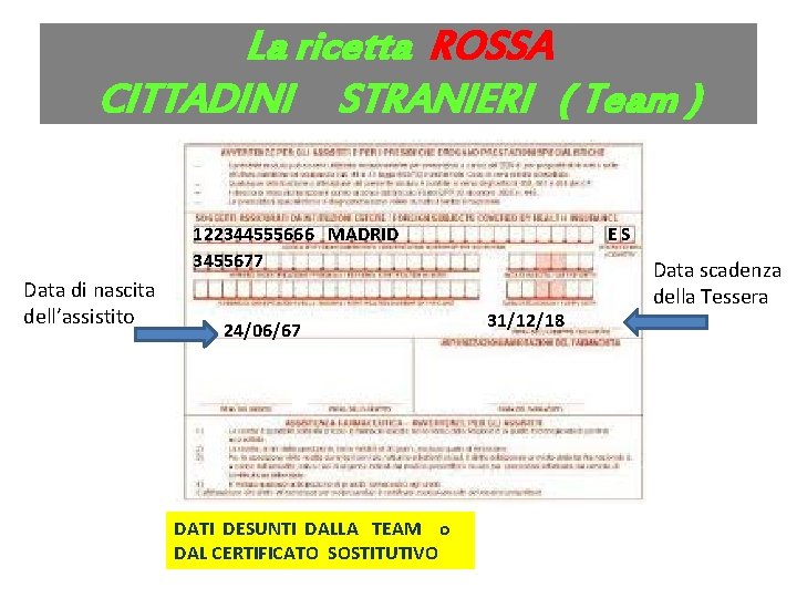 La ricetta ROSSA CITTADINI STRANIERI ( Team ) 122344555666 MADRID 3455677 Data di nascita