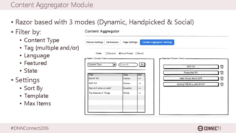 Content Aggregator Module • Razor based with 3 modes (Dynamic, Handpicked & Social) •