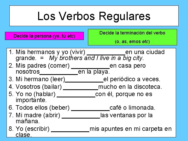 Los Verbos Regulares Decide la persona (yo, tú etc) Decide la terminación del verbo