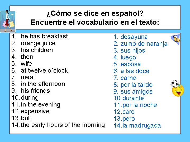 ¿Cómo se dice en español? Encuentre el vocabulario en el texto: 1. he has