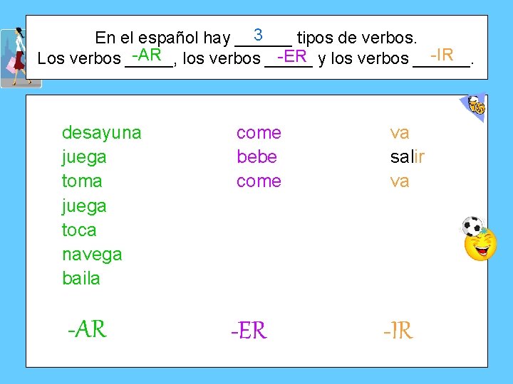 3 En el español hay ______ tipos de verbos. -AR los verbos _____ -IR