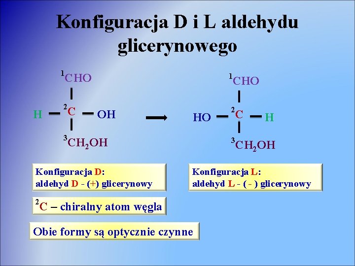 Konfiguracja D i L aldehydu glicerynowego 1 CHO H 2 C 1 CHO OH