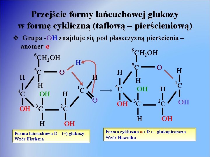 Przejście formy łańcuchowej glukozy w formę cykliczną (taflową – pierścieniową) v Grupa -OH znajduje