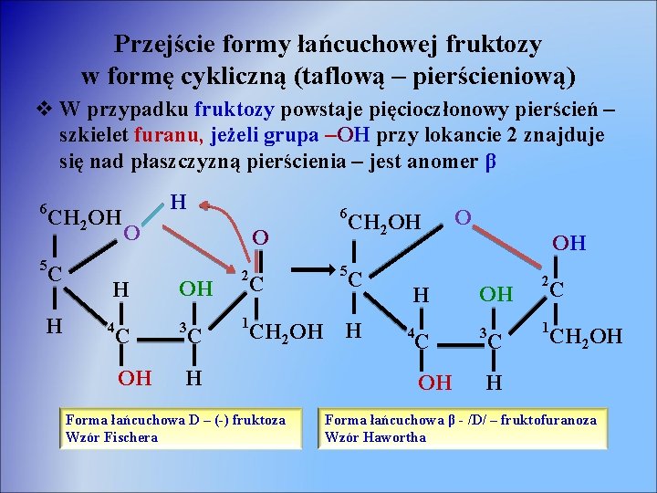 Przejście formy łańcuchowej fruktozy w formę cykliczną (taflową – pierścieniową) v W przypadku fruktozy