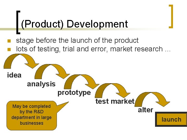 (Product) Development n n stage before the launch of the product lots of testing,