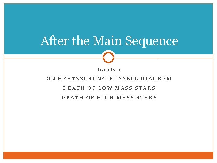 After the Main Sequence BASICS ON HERTZSPRUNG-RUSSELL DIAGRAM DEATH OF LOW MASS STARS DEATH