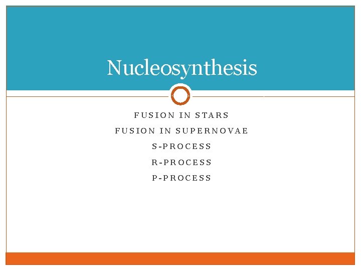 Nucleosynthesis FUSION IN STARS FUSION IN SUPERNOVAE S-PROCESS R-PROCESS P-PROCESS 