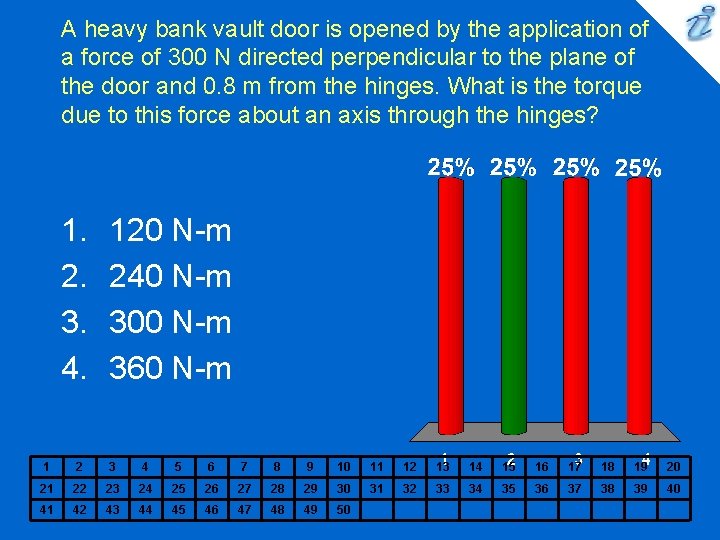 A heavy bank vault door is opened by the application of a force of A heavy bank vault door is opened by the application of a force of