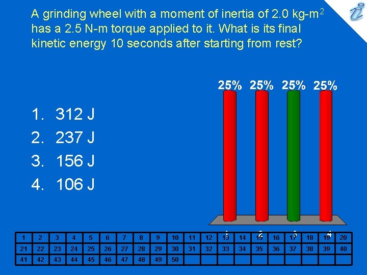 A grinding wheel with a moment of inertia of 2. 0 kg-m 2 has A grinding wheel with a moment of inertia of 2. 0 kg-m 2 has