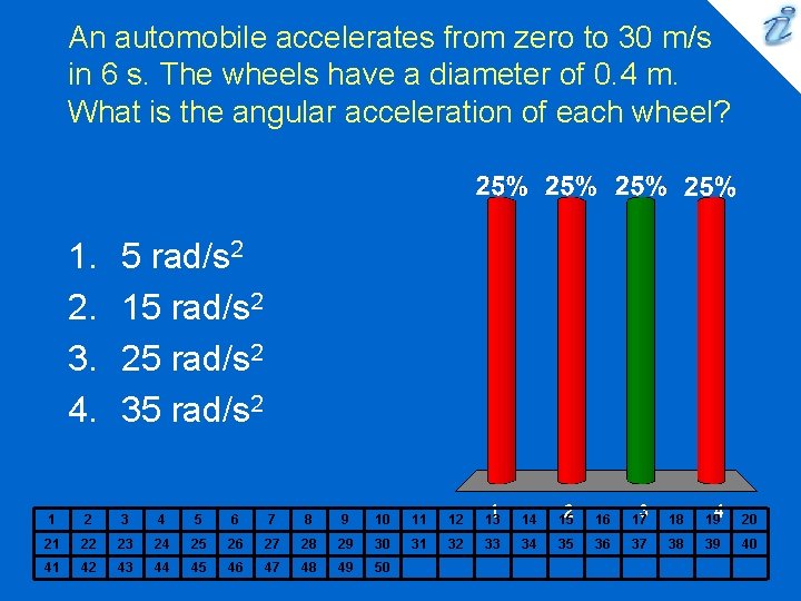 An automobile accelerates from zero to 30 m/s in 6 s. The wheels have An automobile accelerates from zero to 30 m/s in 6 s. The wheels have