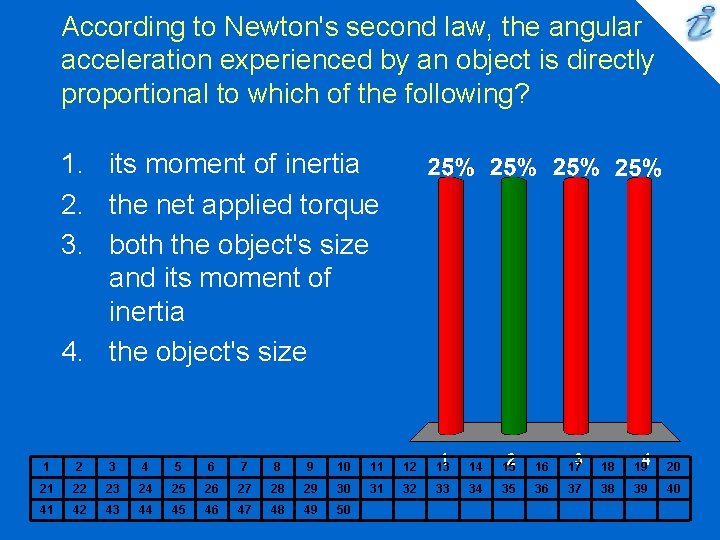 According to Newton's second law, the angular acceleration experienced by an object is directly According to Newton's second law, the angular acceleration experienced by an object is directly