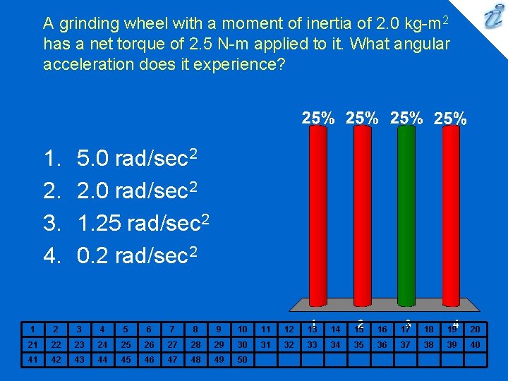 A grinding wheel with a moment of inertia of 2. 0 kg-m 2 has A grinding wheel with a moment of inertia of 2. 0 kg-m 2 has
