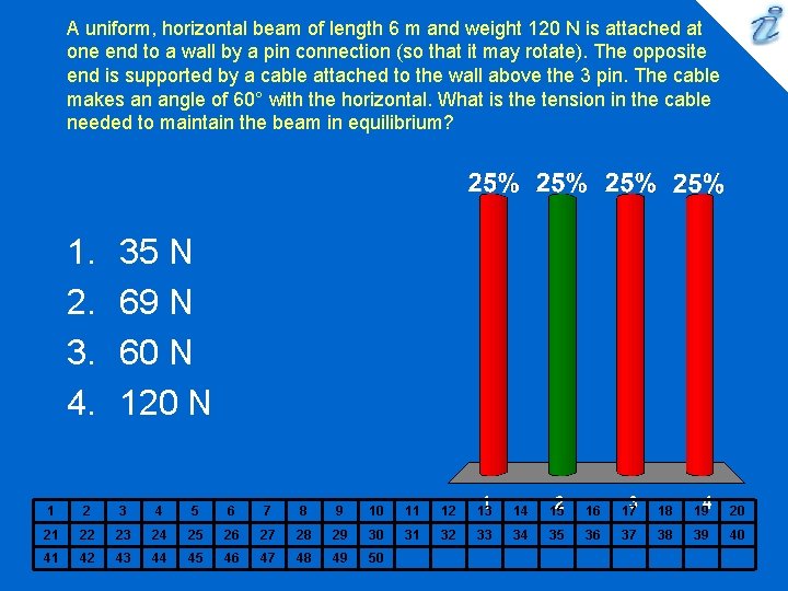 A uniform, horizontal beam of length 6 m and weight 120 N is attached A uniform, horizontal beam of length 6 m and weight 120 N is attached