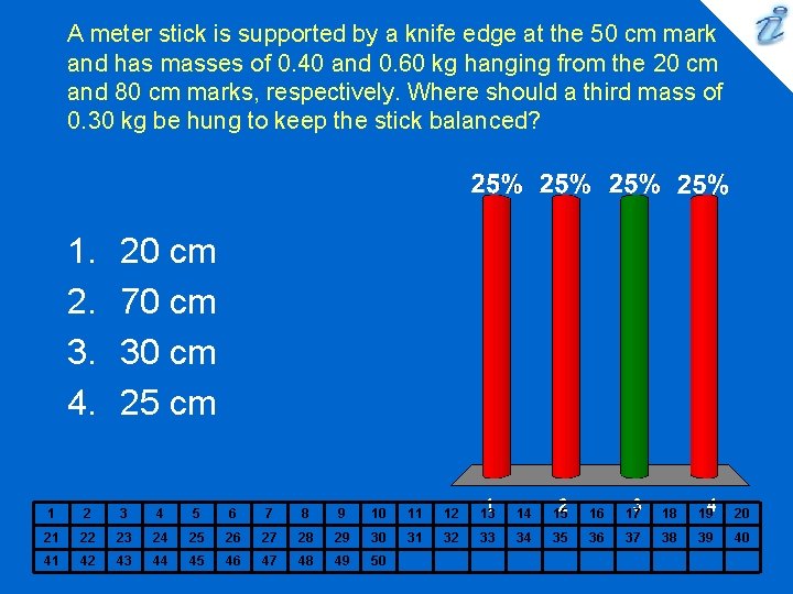 A meter stick is supported by a knife edge at the 50 cm mark A meter stick is supported by a knife edge at the 50 cm mark