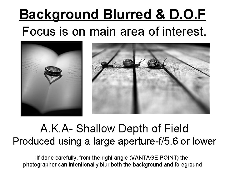 Background Blurred & D. O. F Focus is on main area of interest. A.