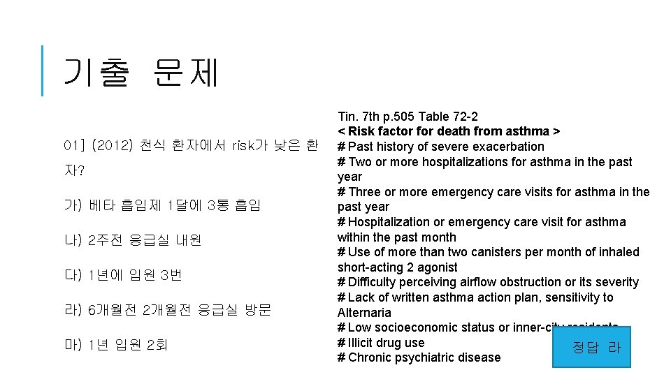 기출 문제 01] (2012) 천식 환자에서 risk가 낮은 환 자? 가) 베타 흡입제 1달에