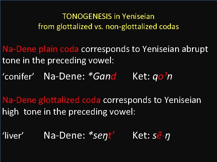 TONOGENESIS in Yeniseian from glottalized vs. non-glottalized codas Na-Dene plain coda corresponds to Yeniseian