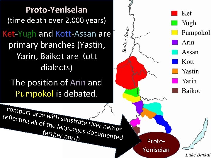 Proto-Yeniseian (time depth over 2, 000 years) Ket-Yugh and Kott-Assan are primary branches (Yastin,