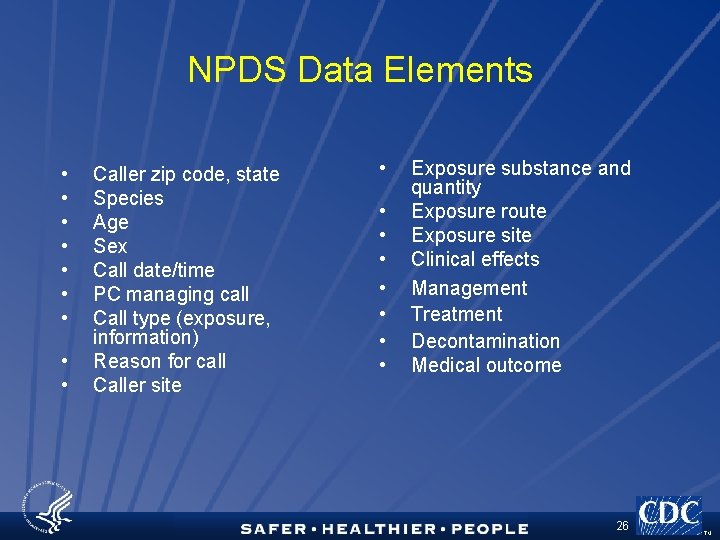 NPDS Data Elements • • • Caller zip code, state Species Age Sex Call