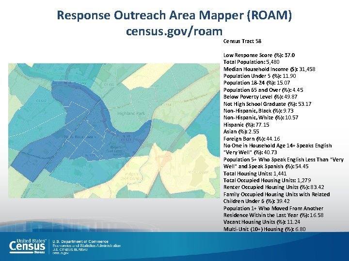 Response Outreach Area Mapper (ROAM) census. gov/roam Census Tract 58 Low Response Score (%): Response Outreach Area Mapper (ROAM) census. gov/roam Census Tract 58 Low Response Score (%):