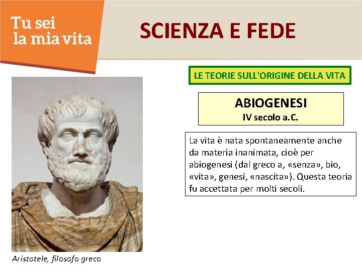 SCIENZA E FEDE LE TEORIE SULL'ORIGINE DELLA VITA ABIOGENESI IV secolo a. C. La