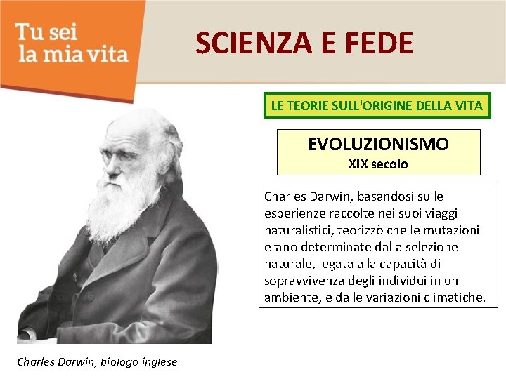 SCIENZA E FEDE LE TEORIE SULL'ORIGINE DELLA VITA EVOLUZIONISMO XIX secolo Charles Darwin, basandosi