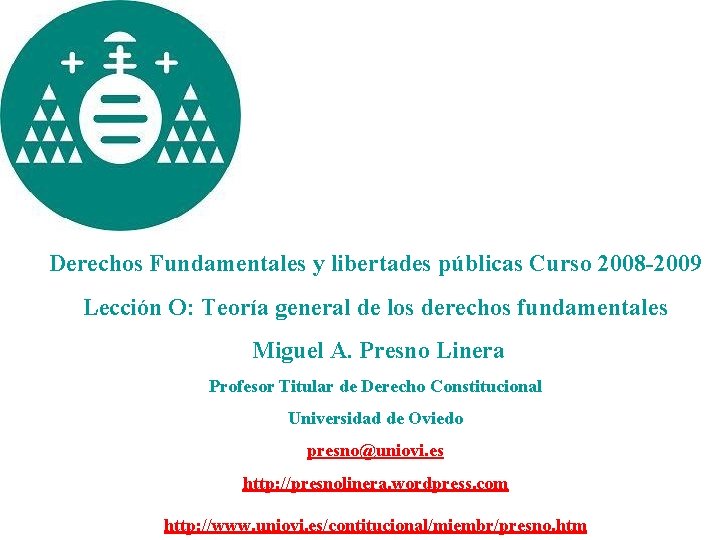 Derechos Fundamentales y libertades públicas Curso 2008 -2009 Lección O: Teoría general de los