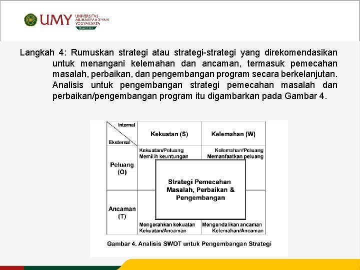 Langkah 4: Rumuskan strategi atau strategi-strategi yang direkomendasikan untuk menangani kelemahan dan ancaman, termasuk