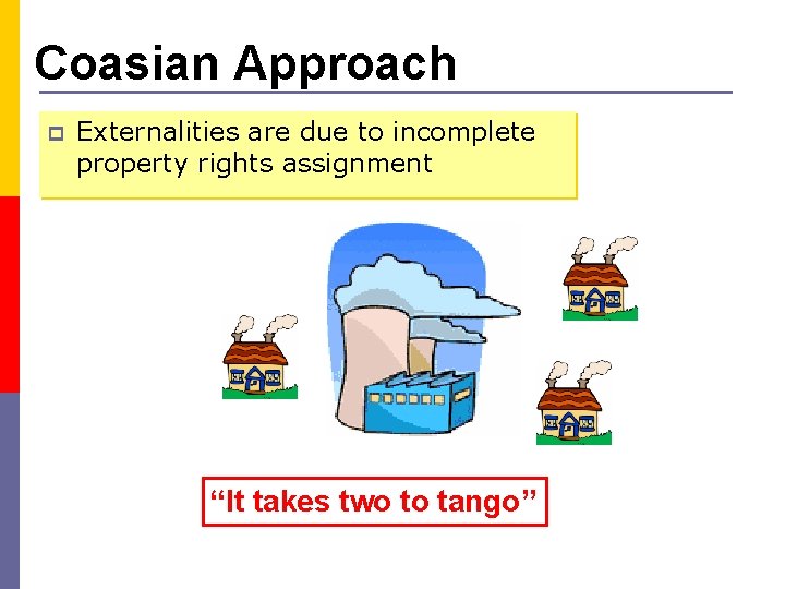 Coasian Approach p Externalities are due to incomplete property rights assignment “It takes two