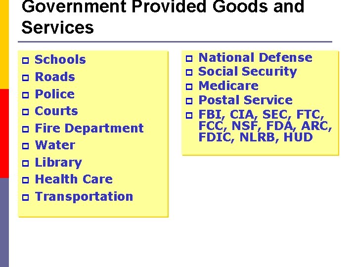 Government Provided Goods and Services p p p p p Schools Roads Police Courts