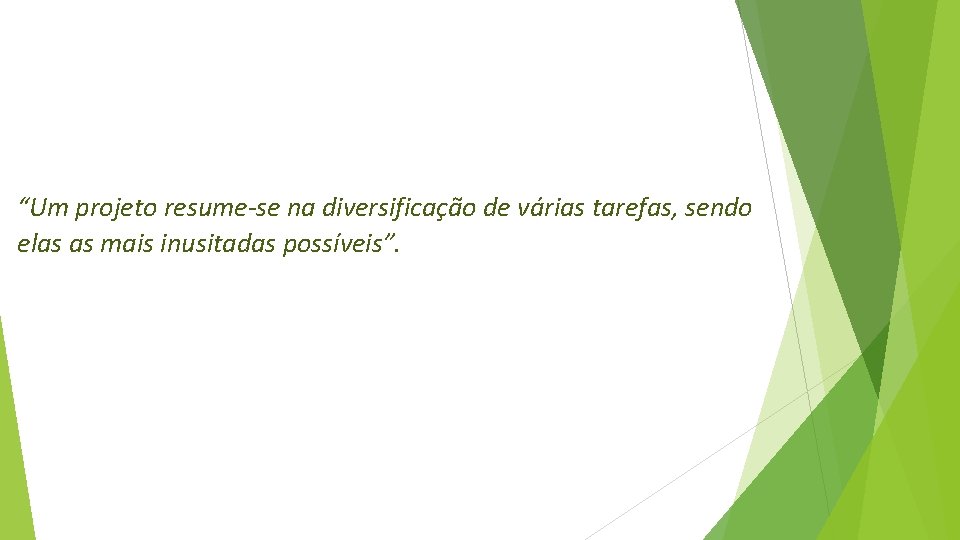 “Um projeto resume-se na diversificação de várias tarefas, sendo elas as mais inusitadas possíveis”.