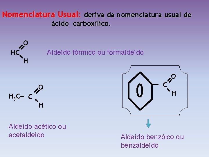 Nomenclatura Usual: deriva da nomenclatura usual de ácido carboxílico. O Aldeído fórmico ou formaldeído