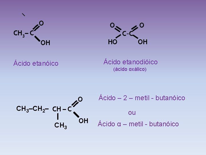 O O CH 3– C O C–C HO OH Ácido etanodióico Ácido etanóico (ácido