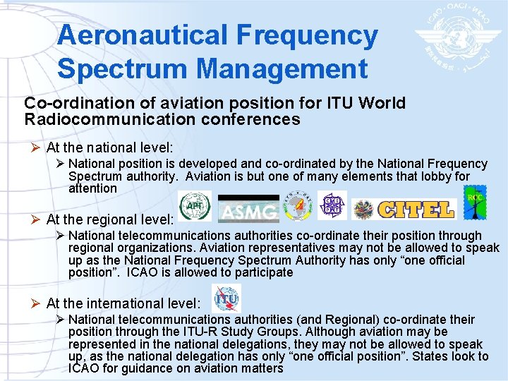 Aeronautical Frequency Spectrum Management Co-ordination of aviation position for ITU World Radiocommunication conferences Ø
