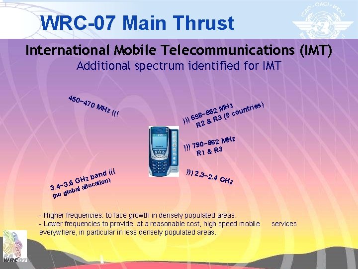 WRC-07 Main Thrust International Mobile Telecommunications (IMT) Additional spectrum identified for IMT �