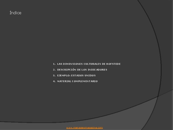 Índice 1. LAS DIMENSIONES CULTURALES DE HOFSTEDE 2. DESCRIPCIÓN DE LOS INDICADORES 3. EJEMPLO: