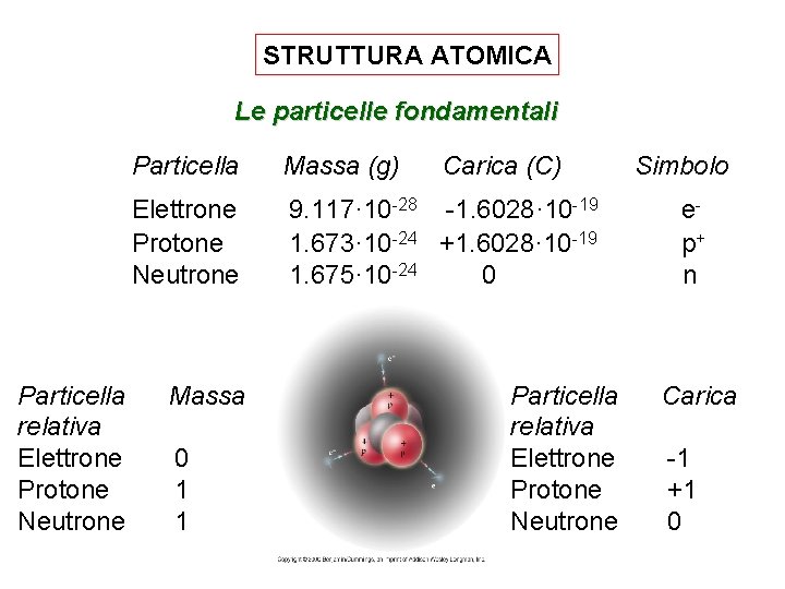 STRUTTURA ATOMICA Le particelle fondamentali Particella relativa Elettrone Protone Neutrone Particella Massa (g) Elettrone STRUTTURA ATOMICA Le particelle fondamentali Particella relativa Elettrone Protone Neutrone Particella Massa (g) Elettrone